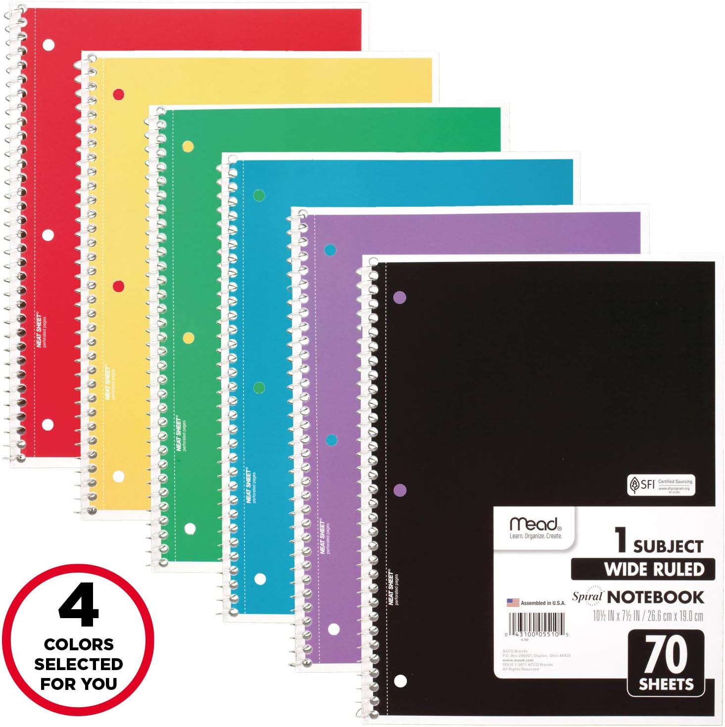Mead Spiral Notebook, 4 Pack, 1 Subject, Wide Ruled Paper, 7-1/2" x 10-1/2", 70 Sheets per Notebook, Colors Will Vary (930200-ECM25) - Image 2