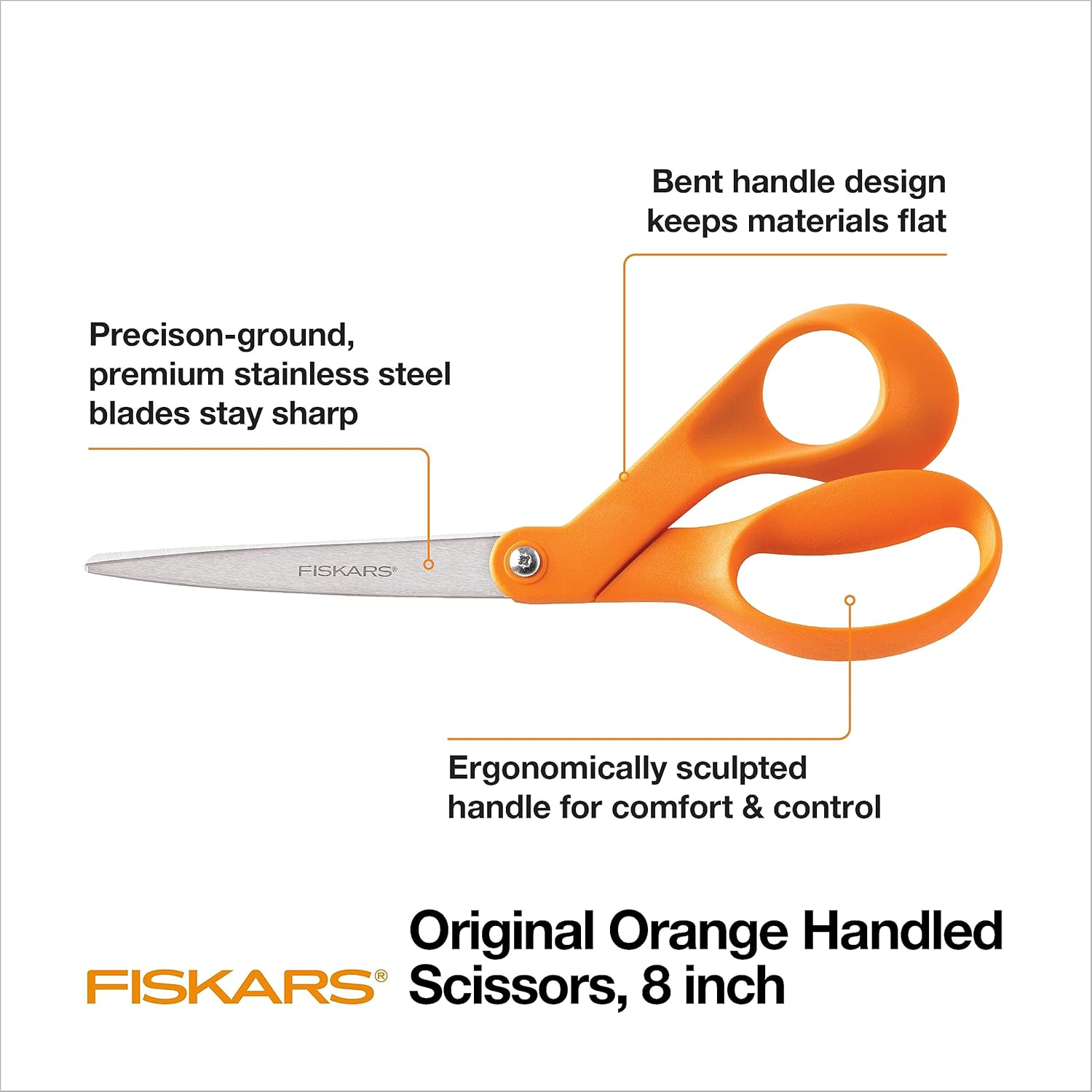 Fiskars 8" Original Orange-Handled Stainless Steel Scissors, Ergonomic and Keeps Material Flat, Sharp All-Purpose Paper and Fabric Scissors for Office, Arts, and Crafts - Image 2