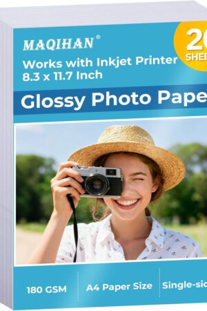 Glossy Photo Paper for Printer - 20 Sheets 8.3 x 11.7 In Inkjet Photo Printer Paper, Instant Dry Single-sided Printing Picture Paper for DIY Picture Wall, Greeting Card, Menu, Brochure, Decors