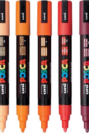 posca Water-Based Paint Art Markers, Set of 5 5M Medium Markers with Reversible Tips, Orange/Red Collection