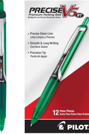 Pilot Precise V5 RT Refillable & Retractable Rollerball Pens, Extra Fine Point Pens 0.5 mm, Green, Pack of 12 - Ideal for School, Journaling & Office Writing