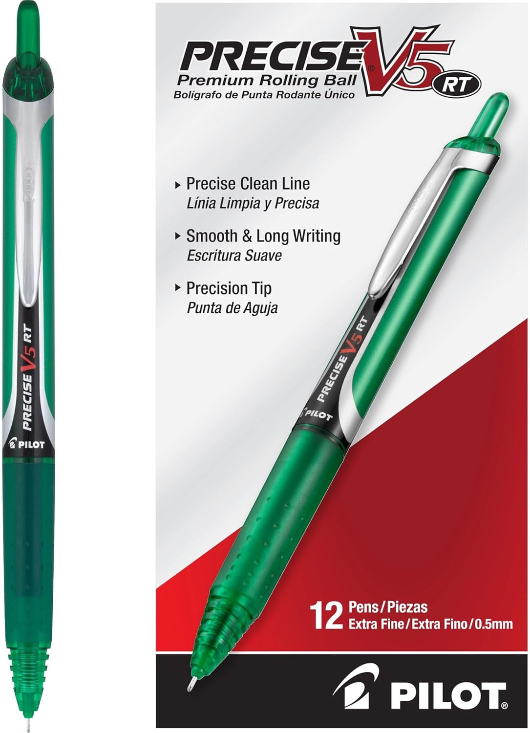 Pilot Precise V5 RT Refillable & Retractable Rollerball Pens, Extra Fine Point Pens 0.5 mm, Green, Pack of 12 - Ideal for School, Journaling & Office Writing