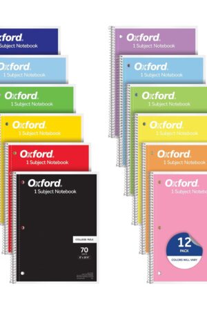 Oxford Spiral Notebooks, 12 Count Bulk Pack, 1 Subject, College Ruled Notebooks for School, 8 x 10.5 Inches, 70 Sheets, Assorted Colors, Back to School Supplies (65205)