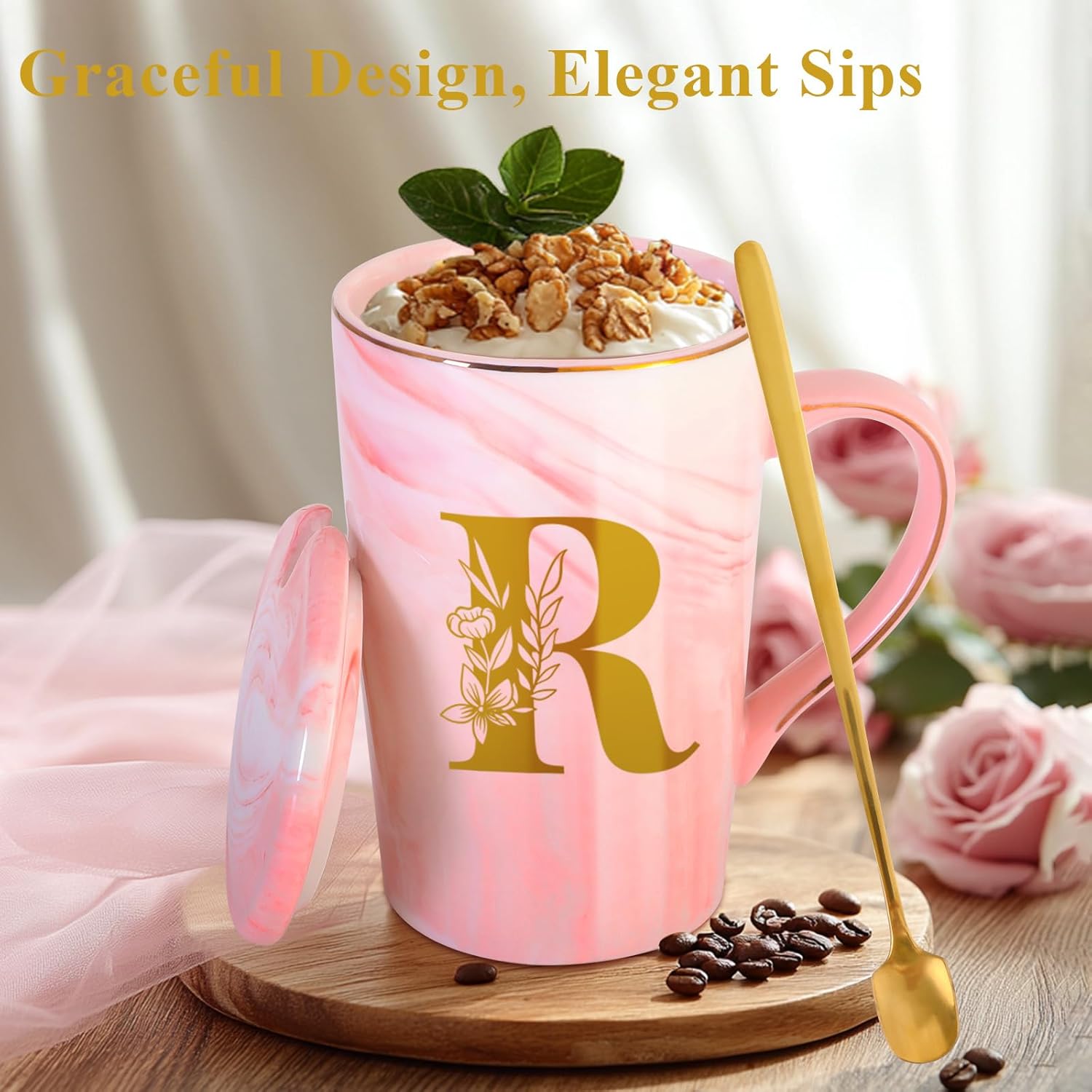 Personalized Ceramic Coffee Mug with Lid Tea Cup Happy Birthday Christmas Xmas Day Holiday Gift for Female Boss Teacher Aunt Big Small Sister in Law Mother Stepmother Wedding Groom Bride Officiant,R - Image 3