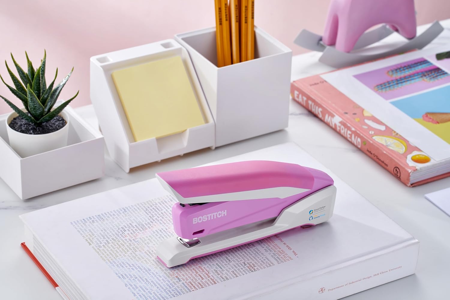Bostitch Office InPower Spring-Powered Desktop Stapler, 20 Sheet Capacity, One Finger Stapling, Includes 210 Staples, Jam Free, Opens for Tacking, Breast Cancer Awareness Pink - Image 8