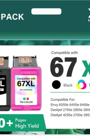 67XL 67 XL 6055e 2755e 2800e 2855e 6000 Ink Cartridges Black/Color Combo Pack Compatible for HP Printer DeskJet 6055e 2700 4155e 4255e 4100 2700e 2734e 2800 2852e Envy 6055e 6455e 6400 Series (2-Pack)