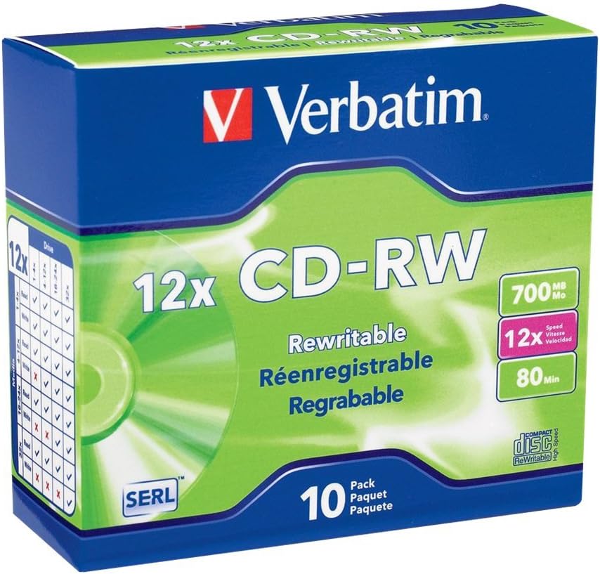 Verbatim CD-RW 700MB 4X-12X Rewritable Blank Media - 10 Discs in Slim Jewel Cases