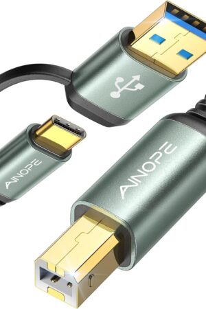 AINOPE Printer Cable to USB, 480Mbps Printer USB B to USB C MIDI Cable Nylon Braided Type B Cord for MacBook Pro, HP Canon Brother Dell Epson Lexmark DAC,MIDI Keyboard, 6.6FT, Grey