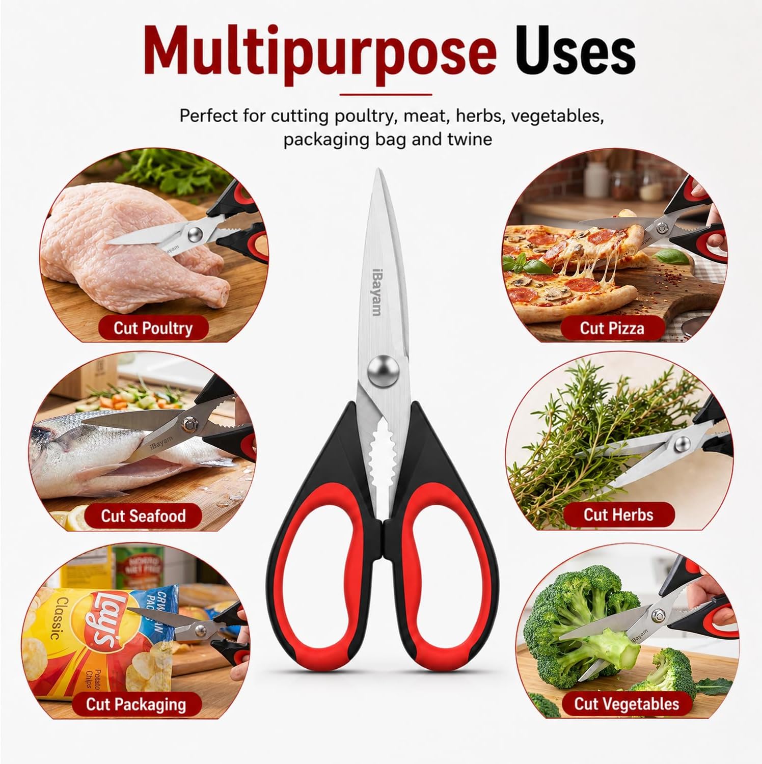 iBayam Kitchen Scissors All Purpose Heavy Duty 2 Pack with Protective Sheath, Stainless Steel Shears Kitchen Utensils Set for Cutting Food Cooking Meat Poultry Dishwasher Safe Soft Comfort-Grip - Image 3