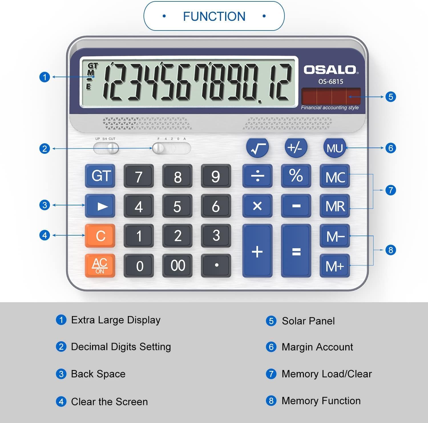 Desktop Calculator Extra Large 5-Inch LCD Display 12-Digit Big Number Accounting Calculator with Giant Response Button, Battery & Solar Powered, Perfect for Office Business Home Daily Use(OS-6815) - Image 5