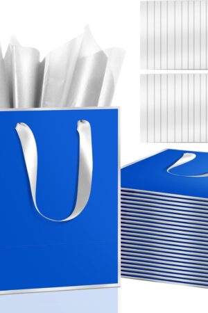 Epoesch 24Pcs Premium Gift Bags with Handles & Tissue Paper – 8"x5"x10" Blue with Silver Edge – Welcome Gift, Thank You Bags for Birthdays Party, Wedding, Business
