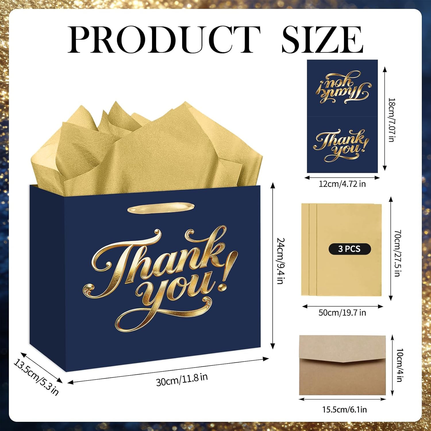 YXYASR Navy Blue and Gold Thank You Gift Bag - Large Gift Wrap Set with Handles - Includes 3 Sheets Gold Tissue Paper and Greeting Card - for Business, Weddings, and Client Appreciation - Image 2