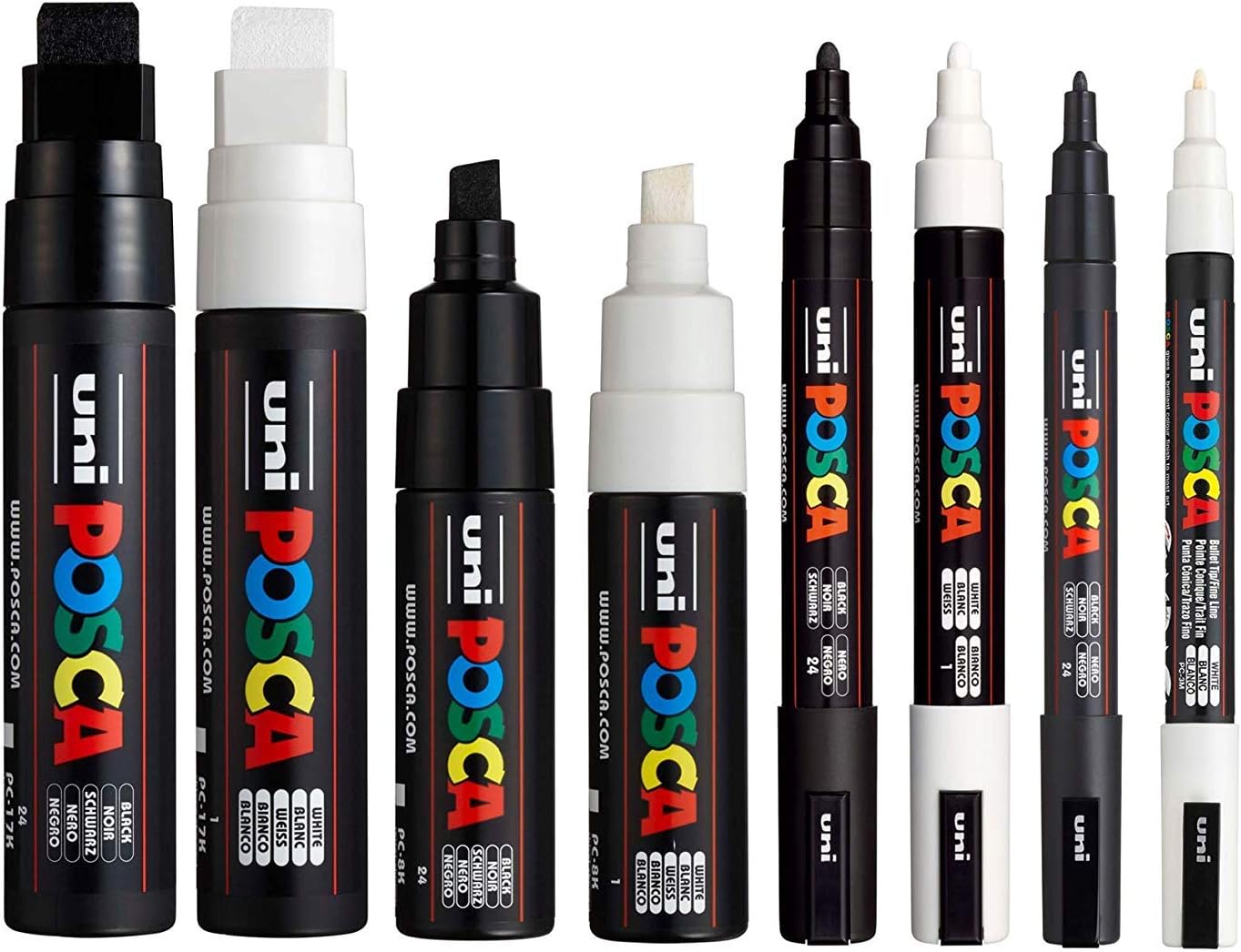 POSCA Black & White - Medium to Broad Set of 8 Pens (PC-17K, PC-8K, PC-5M, PC-3M)
