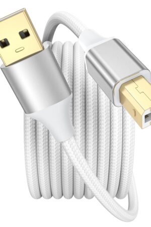 White Printer Cable, USB Printer Cable 10 Feet, Nylon Braided USB A to B Printer Cord High-Speed Compatible with Cricut, HP, Brother, Dell, Epson, Scanner, Piano