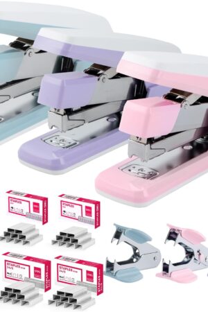 Deli Stapler, Effortless Staplers for Desk, 40-50 Sheet Capacity Heavy Duty, One Touch, No Effort, Easy to Load, with 1500 Staples & Staple Remover, 3 Pack, 3 Colors