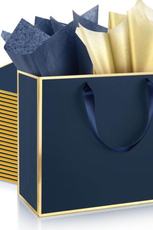 ReliThick 12 Pack Metallic Paper Gift Bag with Handles and Tissue Paper 11.8 x 10 x 4'' Thank You Favor Bag for Graduation Mother's Day Wedding Bridesmaid Groomsman 5 Senses Gifts (Navy Blue,Gold)