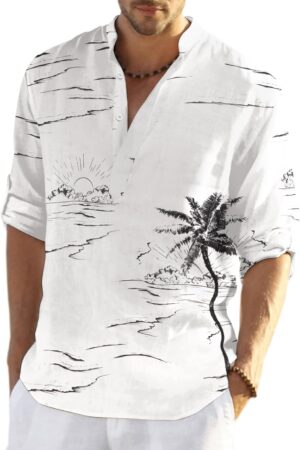 COOFANDY Men's Cotton Linen Henley T-Shirt Long Sleeve Hippie Casual Beach T-Shirts