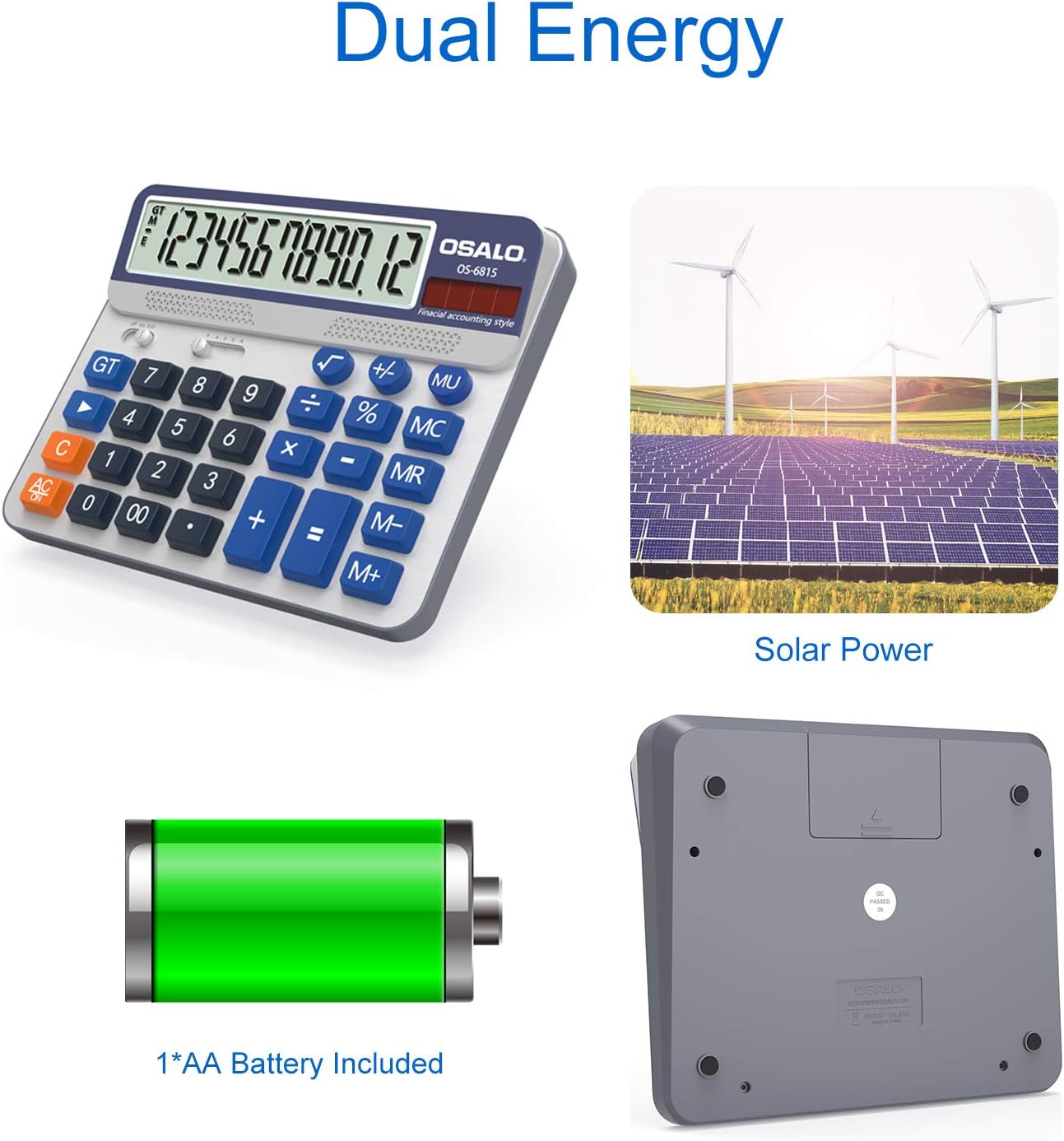 Desktop Calculator Extra Large 5-Inch LCD Display 12-Digit Big Number Accounting Calculator with Giant Response Button, Battery & Solar Powered, Perfect for Office Business Home Daily Use(OS-6815) - Image 7