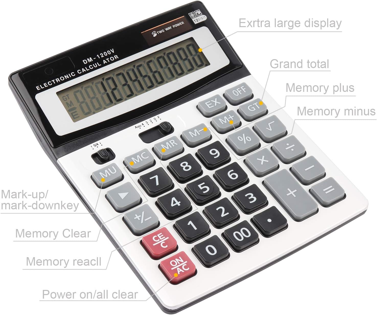 Large Electronic Calculator Counter Solar & Battery Power 12 Digit Display Multi-Functional Big Button for Business Office School Calculating (1 x Calculator) - Image 6