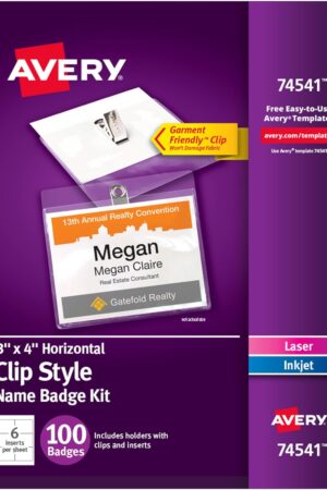 Avery Customizable Name Badges, Clip Style, 3" x 4", Clear Name Tag Holders, White Laser/Inkjet Printable Inserts, 100 Total (74541)