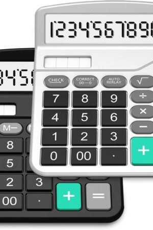 Calculator, Splaks 2 Pack Standard Functional Desktop Calculators Solar and AA Battery Dual Power Electronic Office Calculators with 12-Digit Large Display (1 Basic Black&1 Updated Silver)