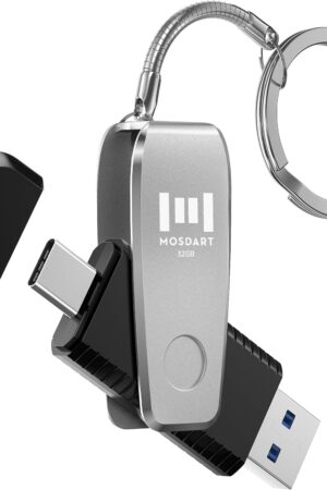 MOSDART 32GB USB 3.1 Type C 2 in 1 OTG Flash Drive with Keychain, for iPhone15,16,17, Android Phones, iPad, MacBook, and Laptops, Silver