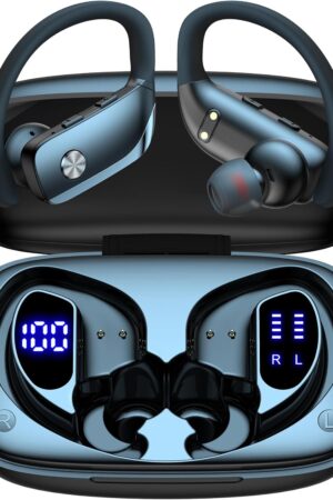 bmani Ear Buds Wireless Earbuds Bluetooth Headphones with 80H Playtime LED Display Case, Over-Ear Hook with Mic, Stereo Sound, Easy Button Controls, Sports Earphones for Running Workout Gym Black