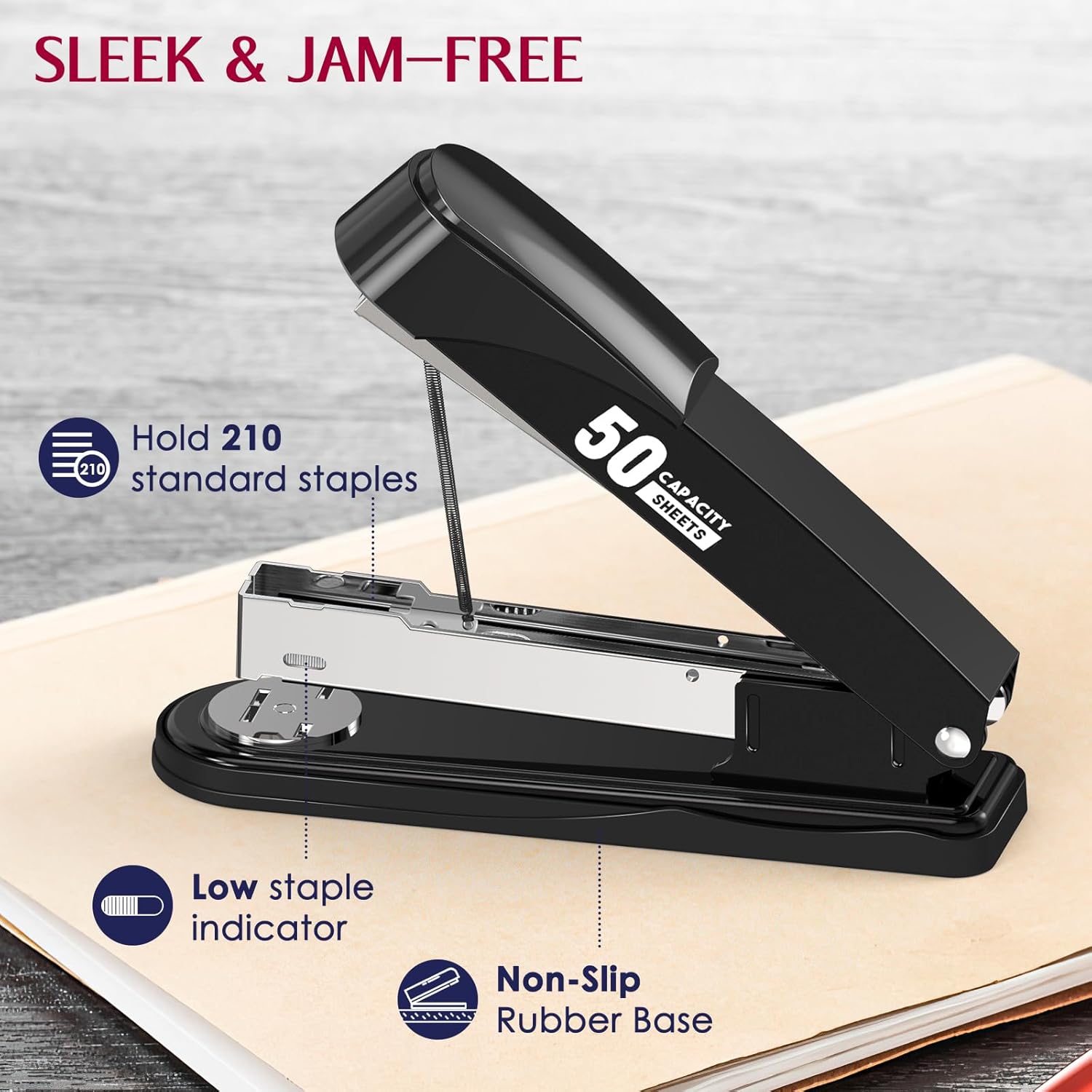 Metal Stapler Heavy Duty 50 Sheet Capacity with 1750 Staples and Staple Remover, Full Strip Staplers for Desk, No Jam, Non-Slip for Office & Classroom, Black - Image 4