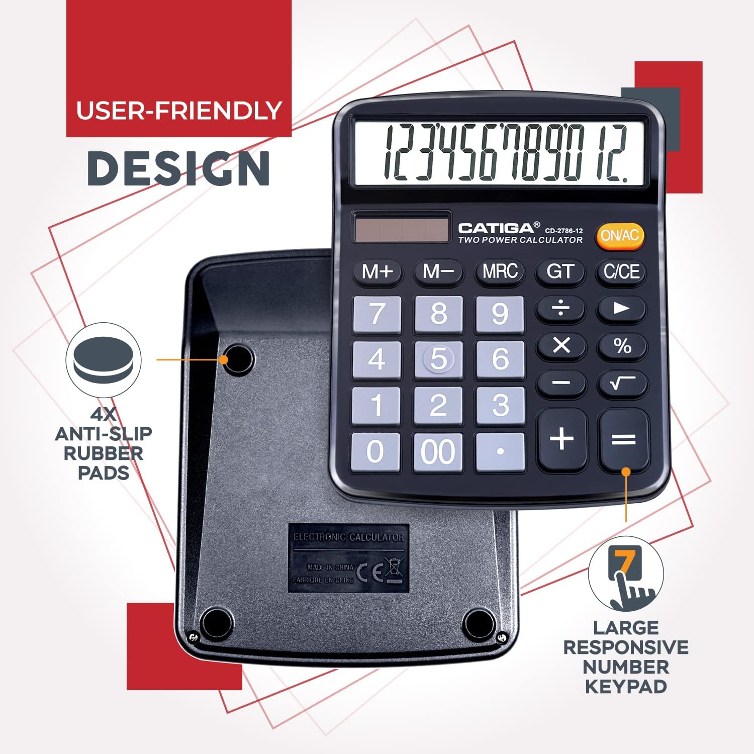 CATIGA 12 Digit Desk Calculator, Desktop Calculators with Large LCD Display & Big Buttons, Dual Power Solar & Battery, Standard Basic 4 Function Calculator for School, Office, Home - Image 5