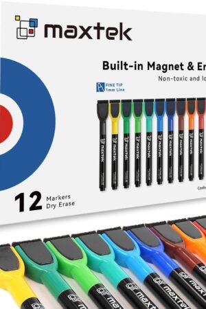 maxtek Magnetic Whiteboard Markers - 12 Count Colorful Fine Tip Dry Erase Markers with Eraser for Kids, Low Odor Thin Markers for Calendar Boards