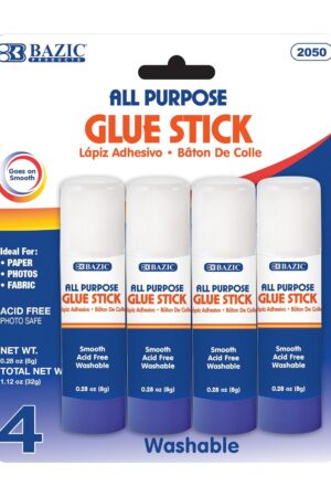 BAZIC Products Washable Premium Glue Sticks, 0.28 oz, 4 Count, for School Crafts Paper