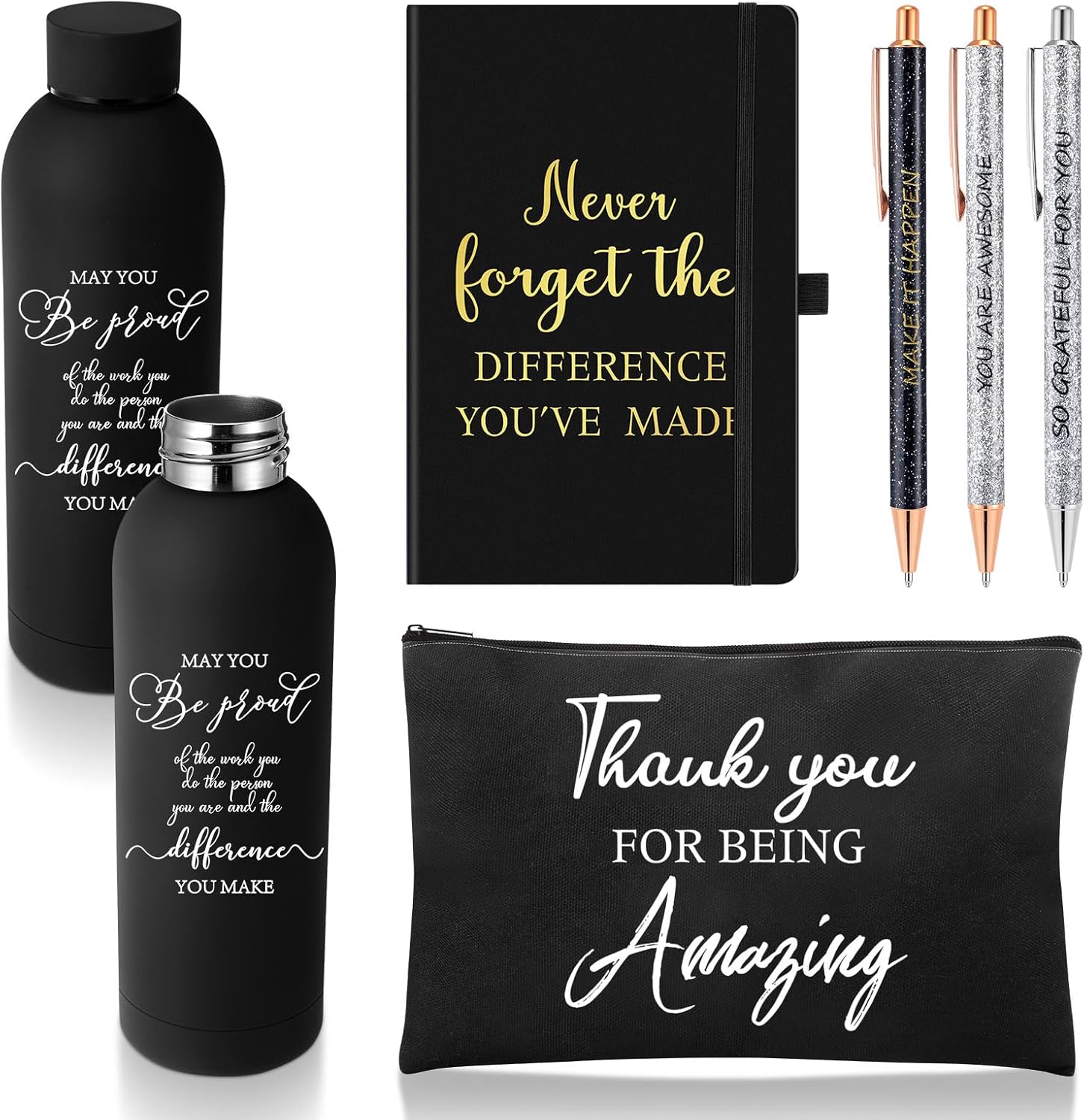 Funnymoom 6 Pcs Graduate Employees Appreciation Gift Set 17 oz Stainless Steel Frosted Water Bottle Makeup Bag Notebook Ballpoint Pens Thank You Gift for Employee Teacher Nurse