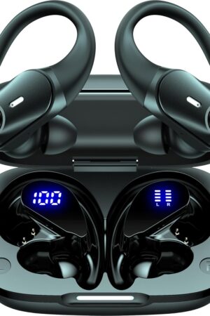 Active Noise Cancelling Ear Buds Wireless Earbuds 80H Playtime Bluetooth Headphones Over Ear Hooks Earphones with Power Display Case Hi-Res Stereo & Clear Calls for Sports Running Gym Workout Black