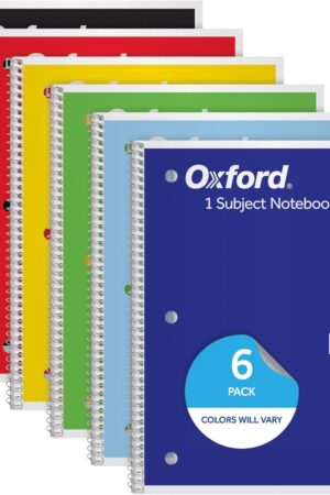 Oxford Spiral Notebook, 6 Pack, 1 Subject, Wide Ruled Paper, Notebooks for School, 8 x 10.5 Inches, 70 Sheets, Assorted Colors, Back to School Supplies (65010)