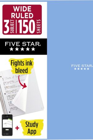 Five Star Spiral Notebook + Study App, 3 Subject, Wide Ruled Paper, 8" x 10-1/2", 150 Sheets, Fights Ink Bleed, Water Resistant Cover, Tidewater Blue (73184)