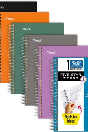 Five Star Spiral Notebooks, 6 Pack, 1 Subject, College Ruled Paper, 7" x 4-3/8", Personal Size, 80 Sheets, Purple, Orange, Green, Blue, Gray, Black (450048A-ECM)
