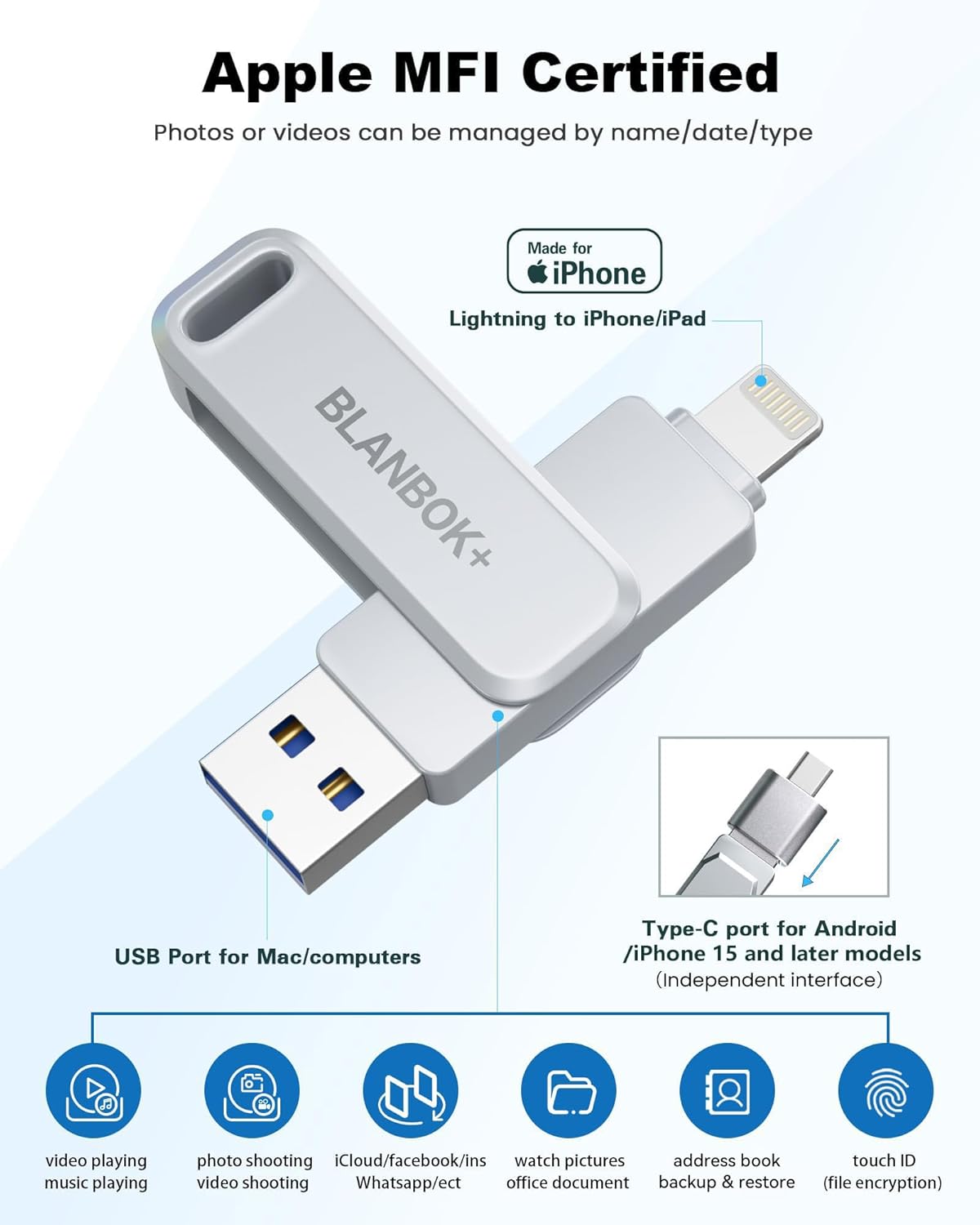 MFi Certified 256GB Flash Drive for iPhone Photo Stick, USB Memory Stick High Speed iPhone Flash Drive, External Memory Storage USB Stick Thumb Drive for iPhone/iPad/Android/PC (Metallic Silver) - Image 2