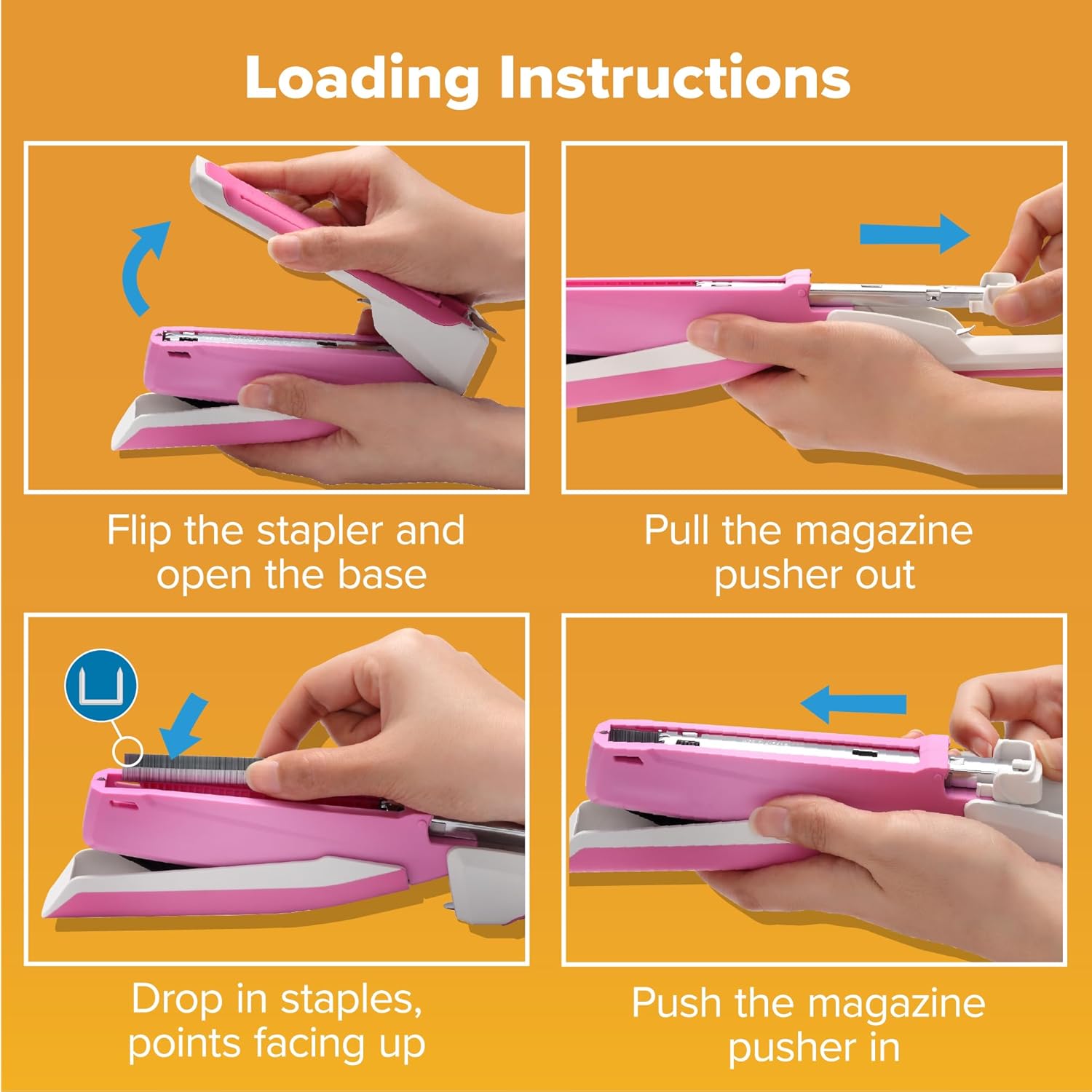 Bostitch Office InPower Spring-Powered Desktop Stapler, 20 Sheet Capacity, One Finger Stapling, Includes 210 Staples, Jam Free, Opens for Tacking, Breast Cancer Awareness Pink - Image 6