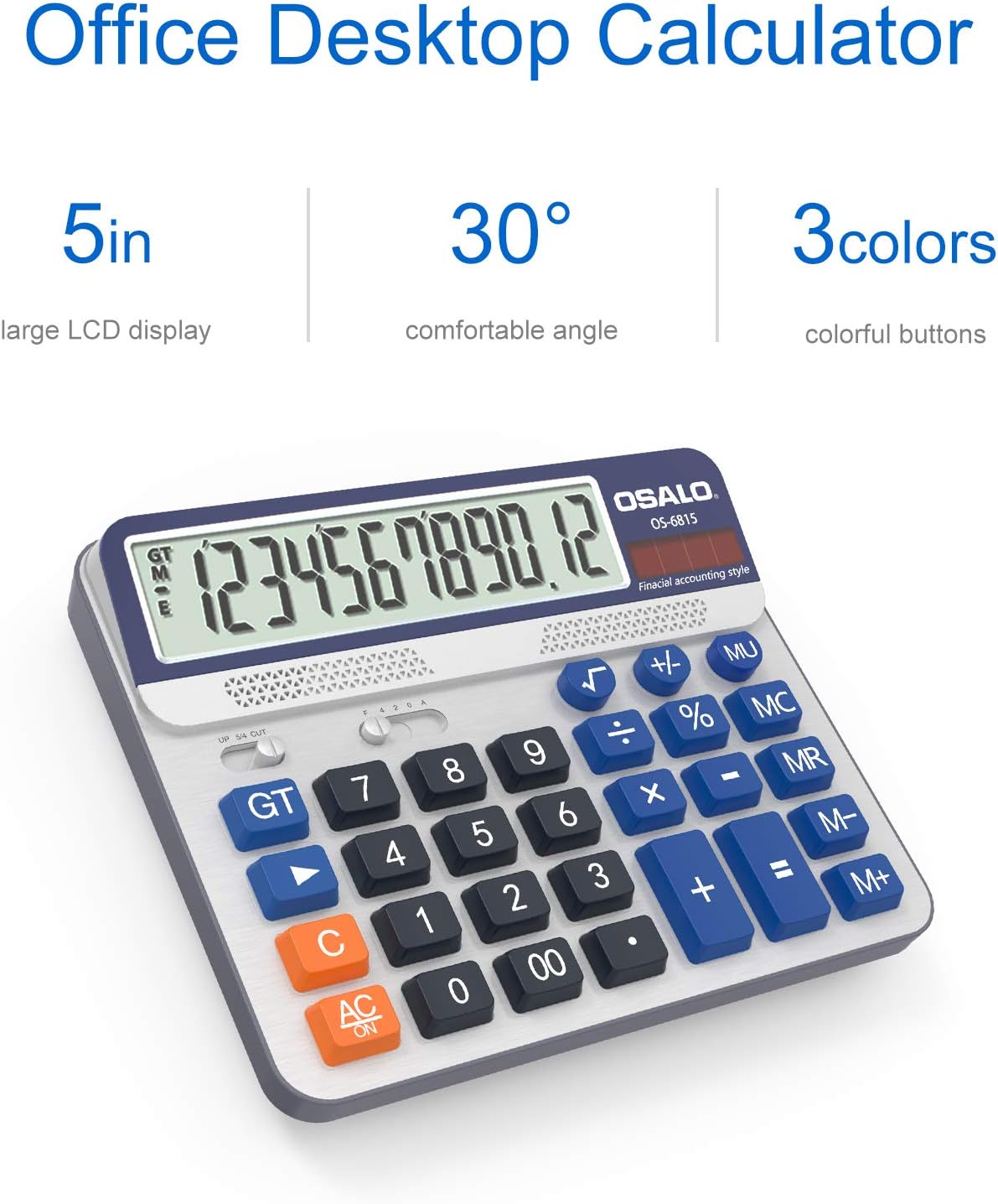 Desktop Calculator Extra Large 5-Inch LCD Display 12-Digit Big Number Accounting Calculator with Giant Response Button, Battery & Solar Powered, Perfect for Office Business Home Daily Use(OS-6815) - Image 2