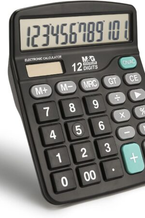 M&G Desk Calculator 12 Digit Office Calculators with Large LCD Display, Dual Solar Power and Battery, Recessed Big Button Calculator for Office Home (Black)