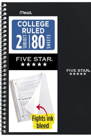 Five Star Spiral Notebook, 2 Subject, College Ruled Paper, 6" x 9-1/2", 80 Sheets, Fights Ink Bleed, Water Resistant Cover, Black (840029AA2-ECM)