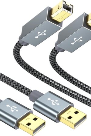 USB Printer Cable 2-Pack, 6 FT USB2.0 Type A-B Cable High Speed Nylon Braided Scanner Cord with Lock Point Compatible with HP, Canon, Epson, Brother, Samsung, Dell, Lexmark, Xerox
