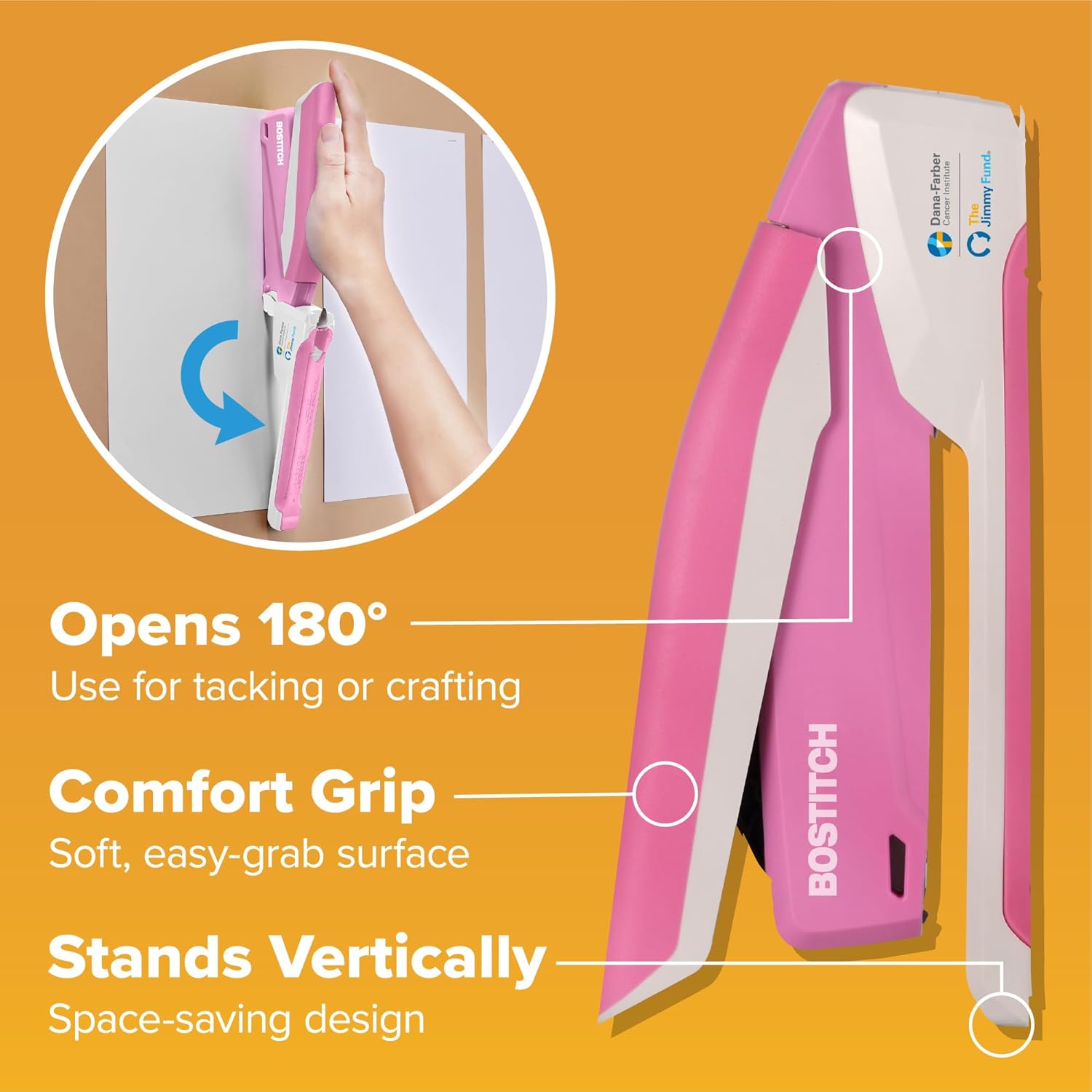 Bostitch Office InPower Spring-Powered Desktop Stapler, 20 Sheet Capacity, One Finger Stapling, Includes 210 Staples, Jam Free, Opens for Tacking, Breast Cancer Awareness Pink - Image 7