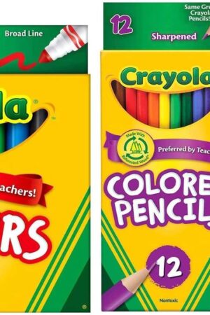 Crayola Classic Bundle: 3 Items - Crayons (24 Count), Broad Line Markers (10 Count), Colored Pencils (12 Count)