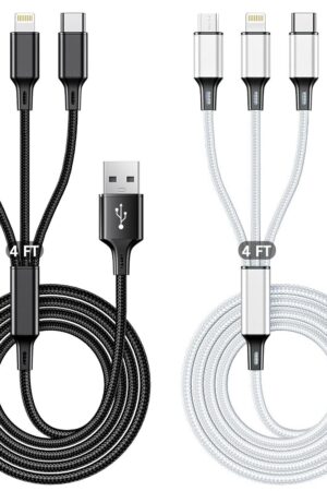 Multi USB Charging Cable 3A, 3 in 1 Fast Charger Cord Connector with Dual Phone/Type C/Micro USB Port Adapter, Compatible with Tablets iPhone 14 13 12 Pro 8 7 Samsung Galaxy (4FT/2Pack Charging Only)