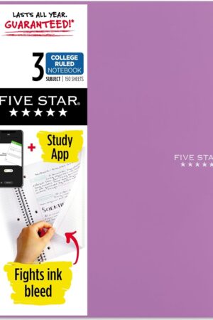 Five Star Spiral Notebook + Study App, 3 Subject, College Ruled Paper, 8-1/2" x 11", 150 Sheets, Fights Ink Bleed, Water Resistant Cover, Amethyst Purple (38746)