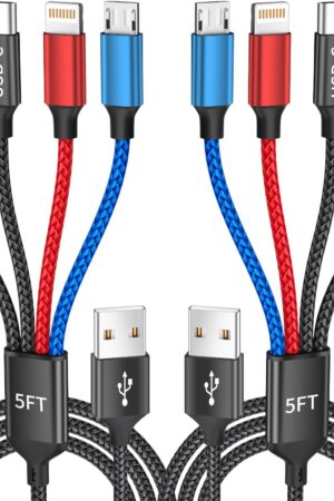 Dual Type-C 4 in 1 Multi Charging Cable for iPhone 17/ Galxy S26, Travel Cruise Essentials, USB Cable iPhone Charger Cord, Charging Cords for iPhone17-8/Androids/iPad and More, Car Charger (2Pack 5FT)