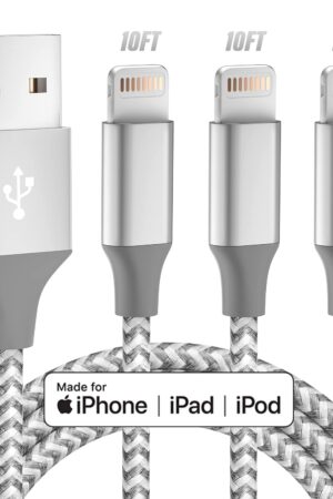 iPhone Charger 3pack 10FT Apple MFi Certified Long Lightning Cable Fast Charging High Speed Data Sync USB Cable Compatible iPhone 14/13/12/11 Pro Max/XS MAX/XR/XS/X/8/7/Plus/6S (Grey White)