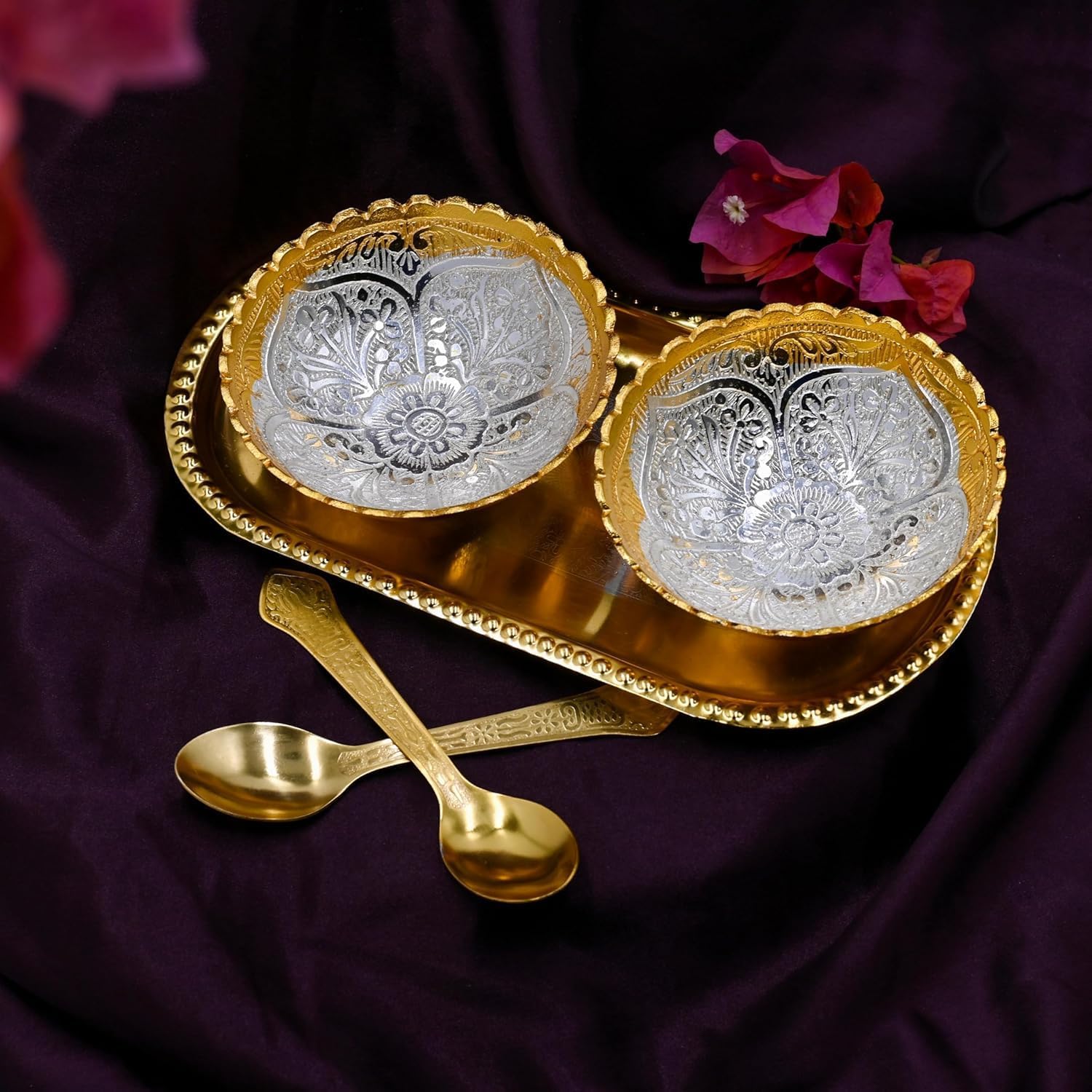 IGH Silver Plated Round Shaped Bowl Spoon & Try Set with Red Velvet Box for Dry Fruits, Christmas, Diwali Gift Items, Festival Gifts. (1) - Image 2