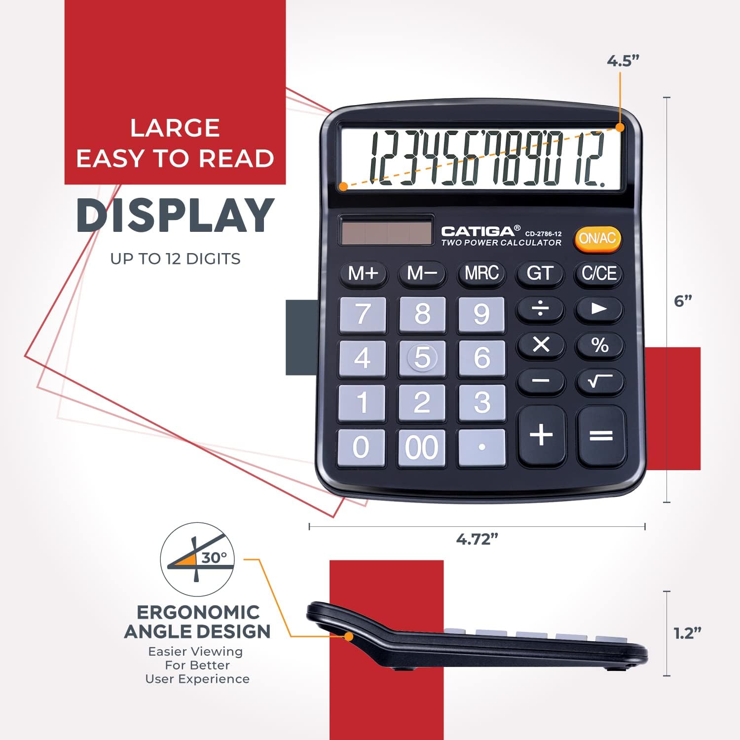 CATIGA 12 Digit Desk Calculator, Desktop Calculators with Large LCD Display & Big Buttons, Dual Power Solar & Battery, Standard Basic 4 Function Calculator for School, Office, Home - Image 3